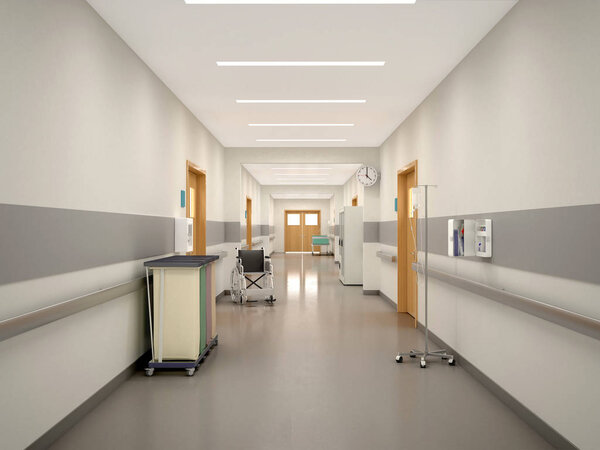 Deep hospital corridor, architecture and health. 3d illustration