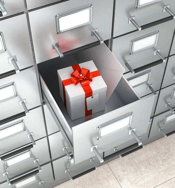 Archival storage locker. White box with a red bow, an envelope i