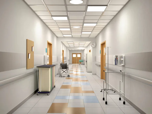 Εσωτερικό του νοσοκομείου διαδρόμου. 3D απεικόνιση — Φωτογραφία Αρχείου
