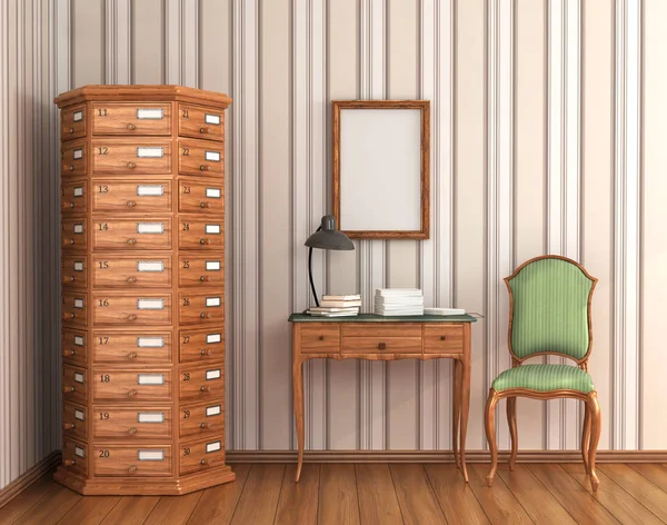 Ruimte voor archieven. Vintage houten garderobe en eiken tafel de — Stockfoto