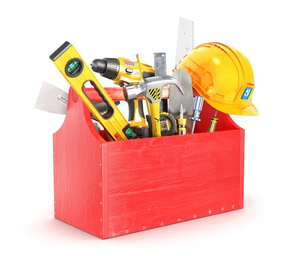 Caixa de madeira vermelha cheia de ferramentas. ilustração 3d — Fotografia de Stock