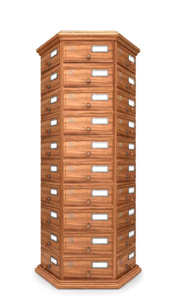 Mobilier, arhive. Masă de dormit, cutii de lemn. Designer modern, piept de sertare, izolat pe fundal alb. Ilustrație 3d — Fotografie, imagine de stoc