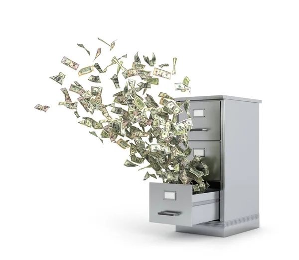 Létající peníze ze skříňky do skladu dokumentů. 3D ilustrace — Stock fotografie