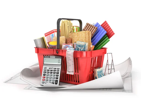 Shopping basket full of construction materials on a white background. 3d illustration — Stock Photo, Image