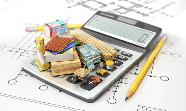 Materiali da costruzione su calcolatrice. Concetto di calcolo dei costi di costruzione. Illustrazione 3d — Foto Stock