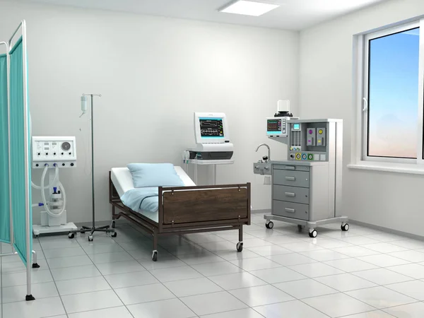 Luminosa camera d'ospedale con attrezzature. Illustrazione 3d — Foto Stock