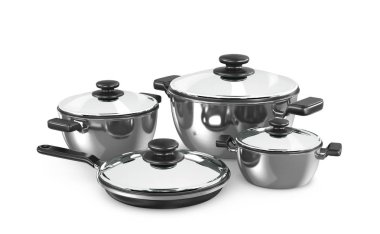 Beyaz arka plan üzerinde izole tencere seti. 3D çizim