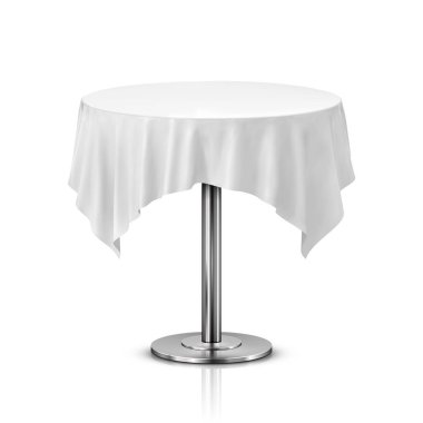 Beyaz arka plan üzerinde izole masa örtüsü ile boş yuvarlak masa