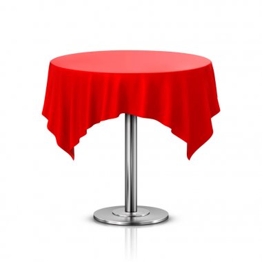 Beyaz arka plan üzerinde izole masa örtüsü ile boş yuvarlak masa