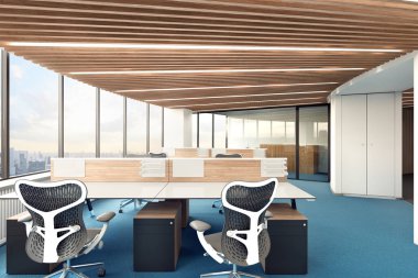 Parlak ofis panoramik pencereli. 3D çizim