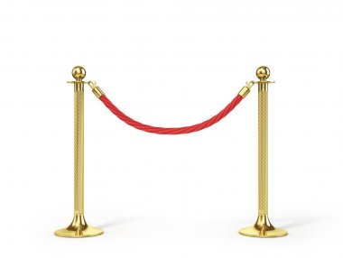 Beyaz izole bariyer ip. Altın çit. Lüks, VIP kavramı. Ekipman olaylar için. 3D çizim
