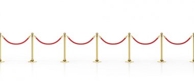 Beyaz izole bariyer ip. Altın çit. Lüks, VIP kavramı. Ekipman olaylar için. 3D çizim