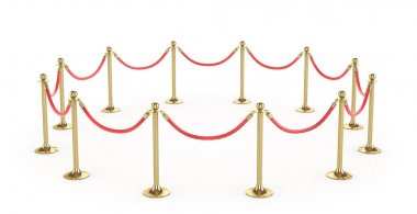 Beyaz izole bariyer ip. Altın çit. Lüks, VIP kavramı. Ekipman olaylar için. 3D çizim