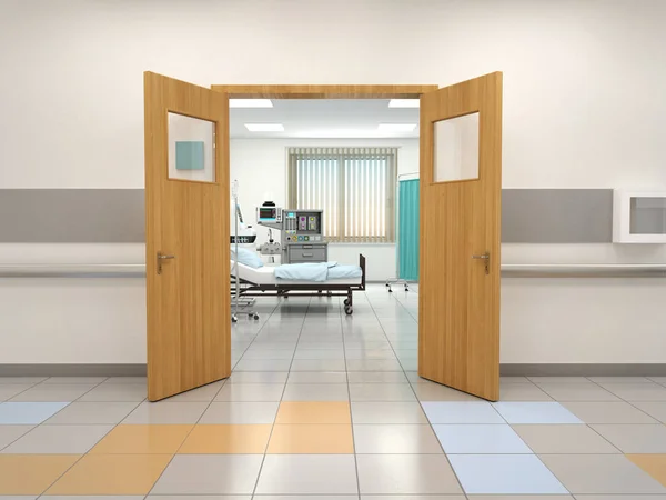 Portes ouvertes sur la chambre d'hôpital. Illustration 3d — Photo