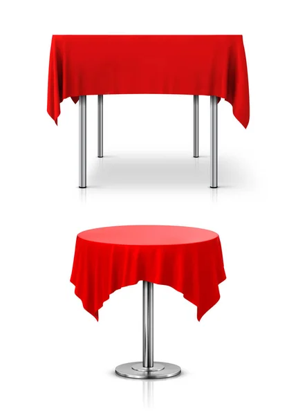 Прямокутний і круглий стіл з червоною скатертиною на білому спині — стокове фото
