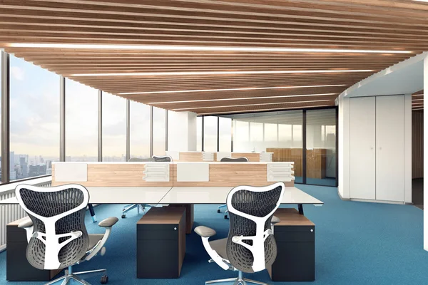 Parlak ofis panoramik pencereli. 3D çizim