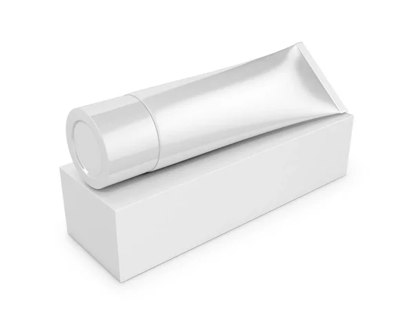 Tube avec crème ou dentifrice avec emballage carré blanc sur un w — Photo
