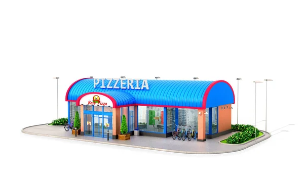 Costruzione di pizzeria su sfondo bianco. Illustrazione 3D — Foto Stock