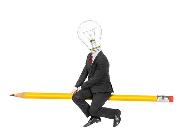 Concept of idea. Man in business suit with light bulb as head fl — Stock Photo, Image