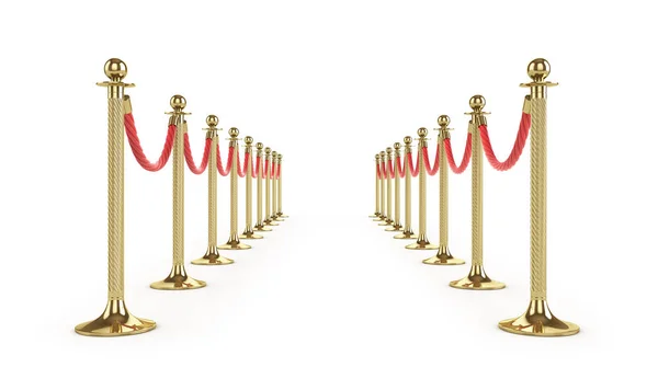 Barrière touw geïsoleerd op wit. Gouden hek. Luxe VIP-concept. Apparatuur voor evenementen. 3D illustratie — Stockfoto