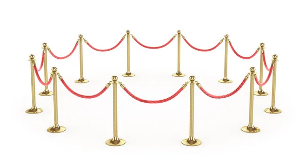 Бар'єрна мотузка ізольована на білому. Золотий паркан. Розкішна, VIP концепція. Обладнання для подій. 3d ілюстрація — стокове фото