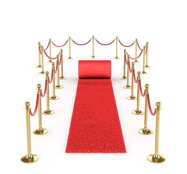 Alfombra roja con valla VIP sobre fondo blanco. ilustración 3d — Foto de Stock