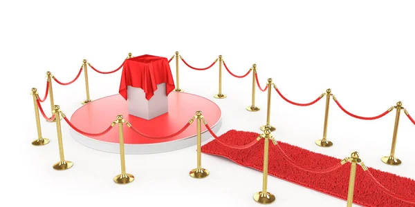 Червоний килим з VIP-парканом на білому тлі. 3d ілюстрація — стокове фото