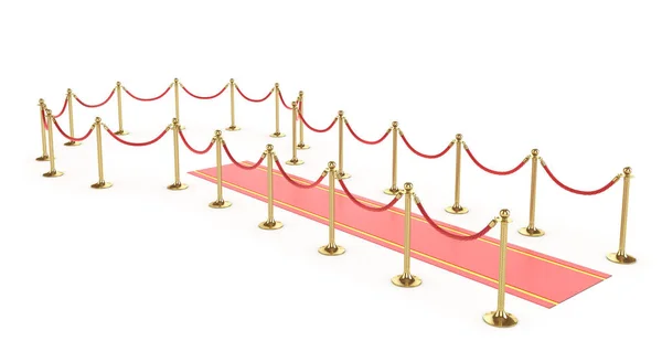 Червоний килим з VIP-парканом на білому тлі. 3d ілюстрація — стокове фото