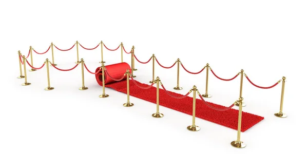 Roter Veranstaltungsteppich mit VIP-Zaun auf weißem Hintergrund. 3D-Illustration — Stockfoto
