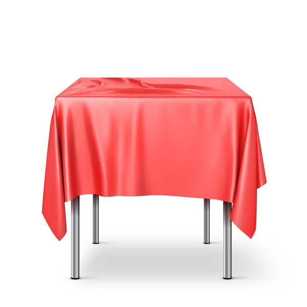 Tabel persegi panjang dengan taplak meja merah pada latar belakang putih — Stok Foto