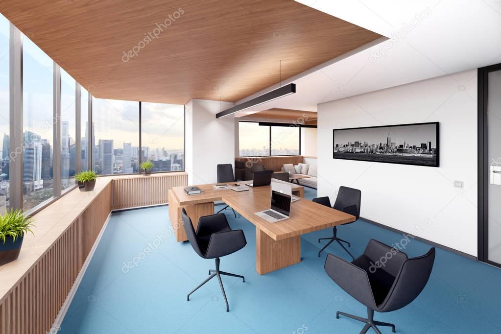 Bright office with panoramic window. 3d illustration