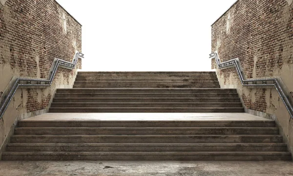 Úspěch konceptu. Čelní pohled šedé schodiště s kovové zábradlí vedoucí k nahoru. Koncept úspěchu. 3D obrázek — Stock fotografie