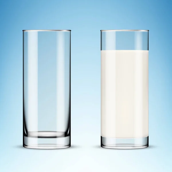 Vasos realistas transparentes de leche sobre fondo azul — Vector de stock