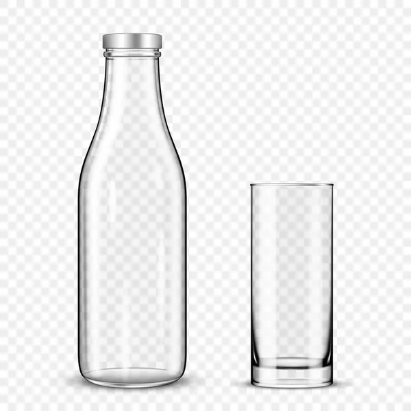 Transparente Glasflasche und ein Glasbecher für Milch auf transparentem Hintergrund — Stockvektor