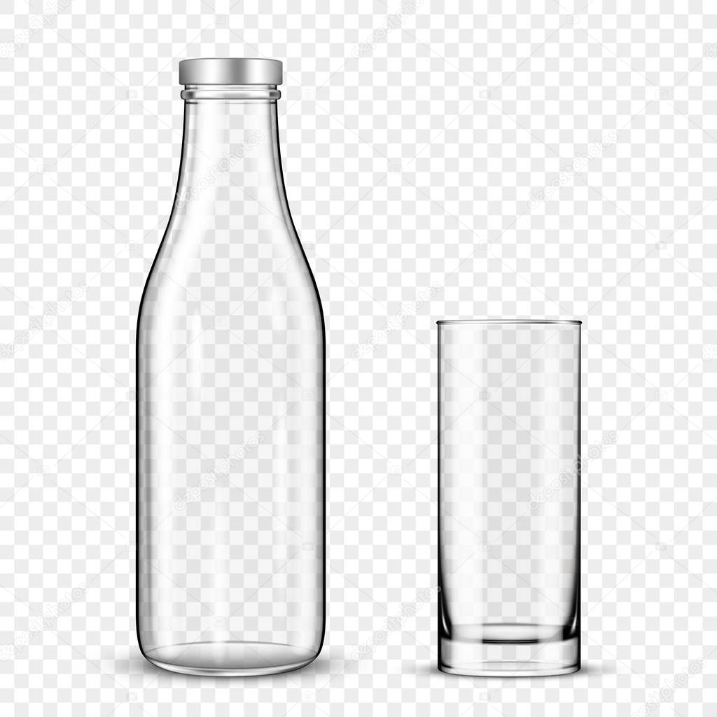 Transparent glass bottle and a glass cup for milk on a transparent background