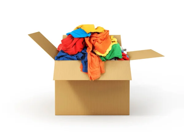 Caja de cartón con ropa aislada sobre fondo blanco. Donatio — Foto de Stock