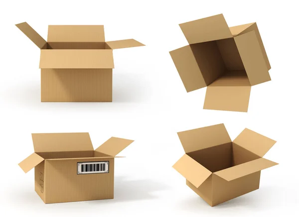 Het aantal open kartonnen dozen. Levering. 3D illustratie — Stockfoto