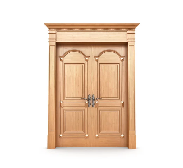 Chiuso porta in legno isolato su un bianco. Illustrazione 3d — Foto Stock