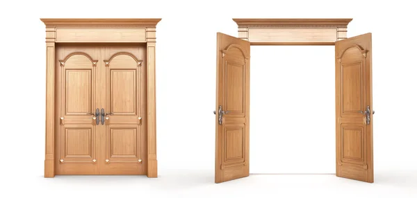 Porte in legno isolate su un bianco. Aperto e chiuso. 3d illustrare — Foto Stock