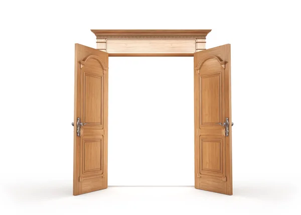Porta de madeira aberta isolada em um branco. ilustração 3d — Fotografia de Stock