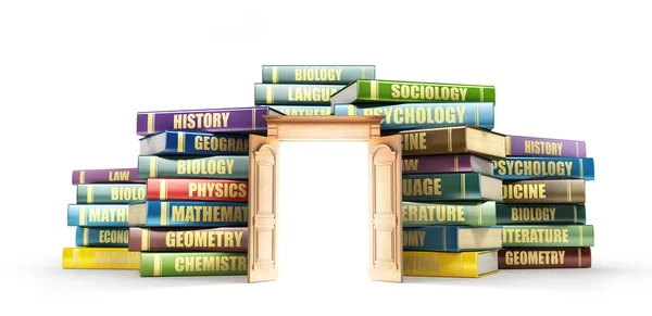 Concepto educativo. Puerta de madera cerca de pilas de libros. Puerta para estudiar. ilustración 3d — Foto de Stock