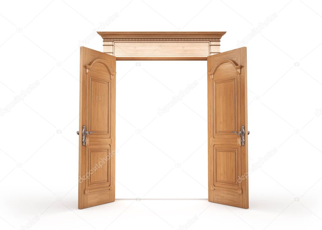Opened wooden door isolated on a white. 3d illustration