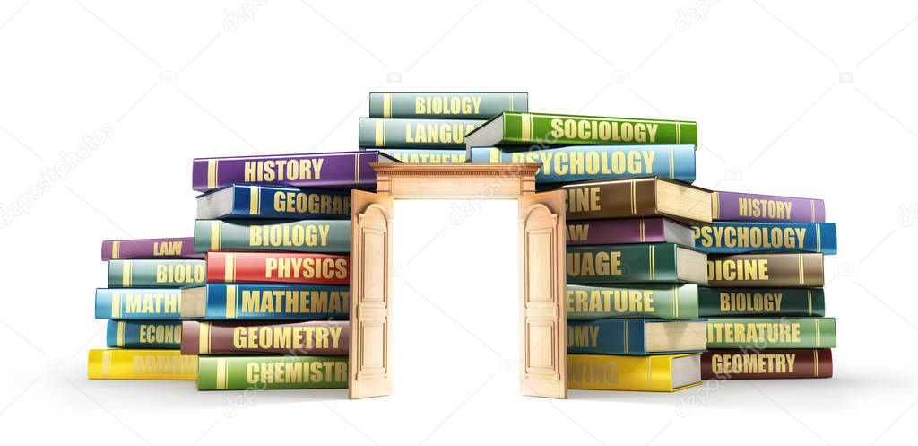 Education concept. Wooden door near stacks of books. Door to study. 3d illustration