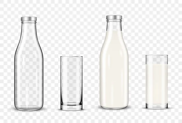 Conjunto de copos e garrafas com leite sobre fundo transparente — Vetor de Stock