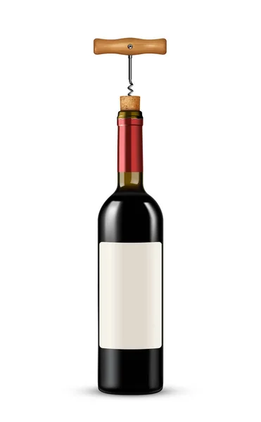 Bottle of wine with corkscrew on white background — Stock Vector
