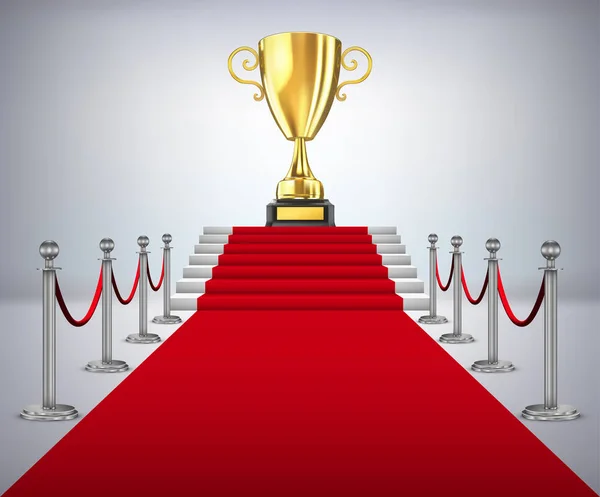 Copa de oro del ganador en un camino de alfombra roja — Vector de stock