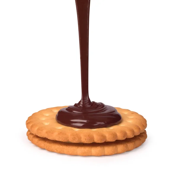 Chocolate é derramado em biscoitos — Fotografia de Stock