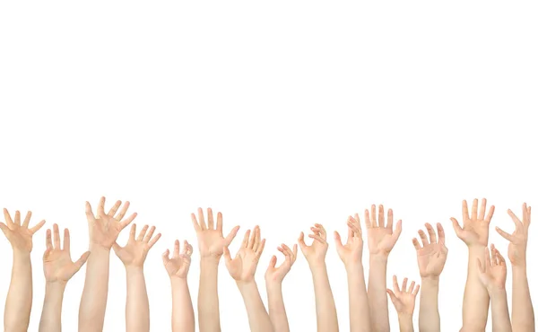 Многие руки подняты в воздух на белом фоне — стоковое фото