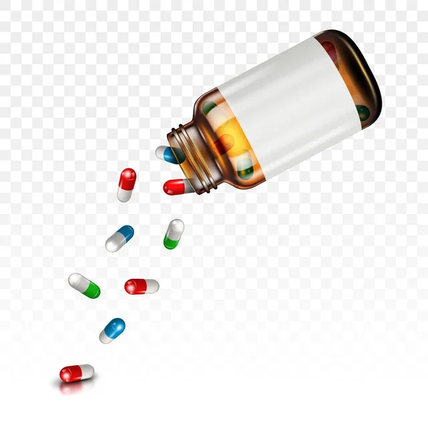 Pilules tombant d'un pot sur un fond transparent — Image vectorielle