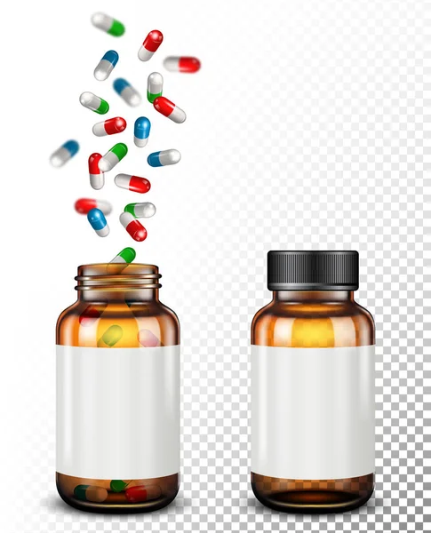 Medical pills falling into glass jar on transparent background — Stock Vector